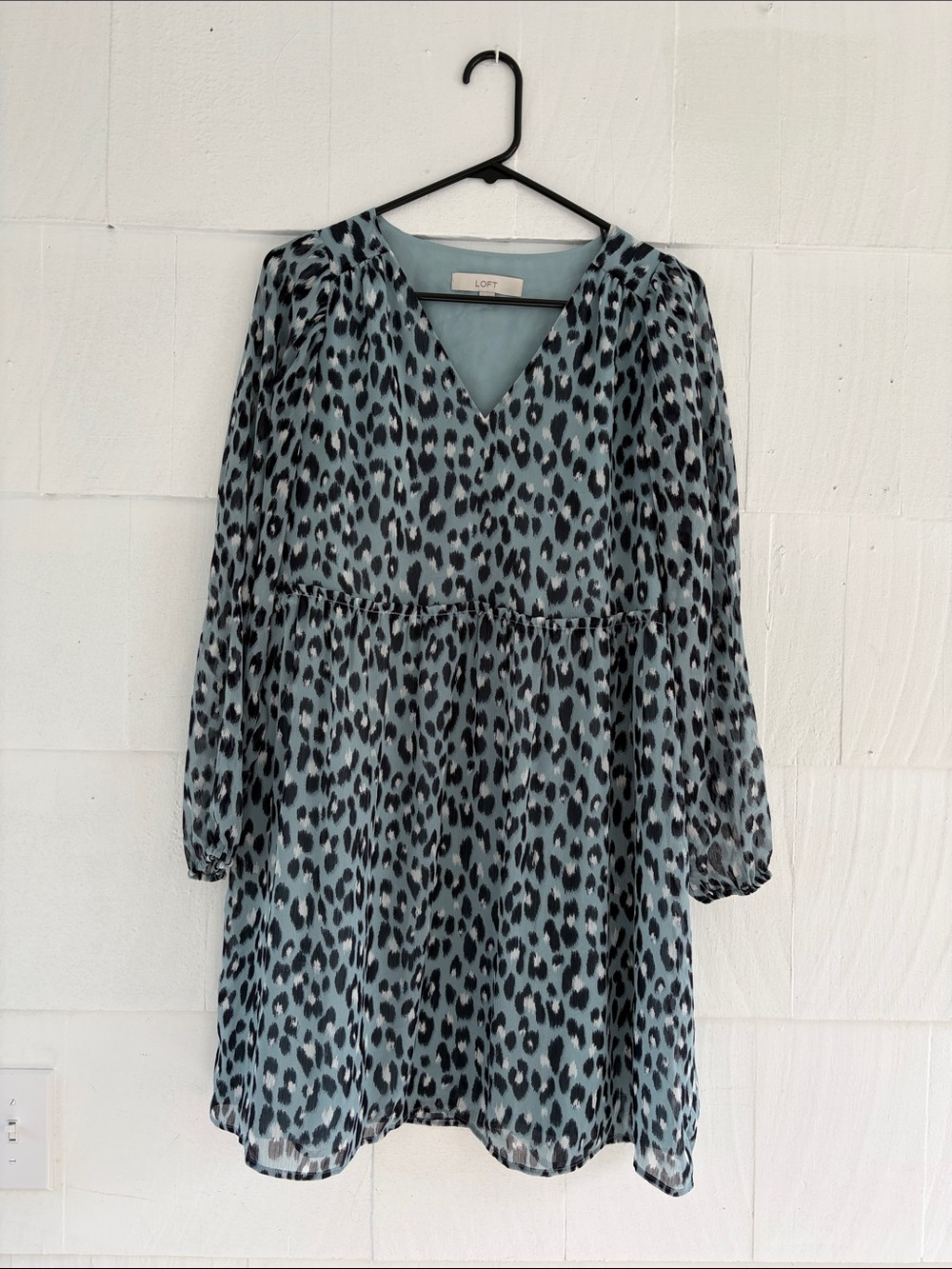 LOFT Teal and Black Leopard Print Long Sleeve Dress